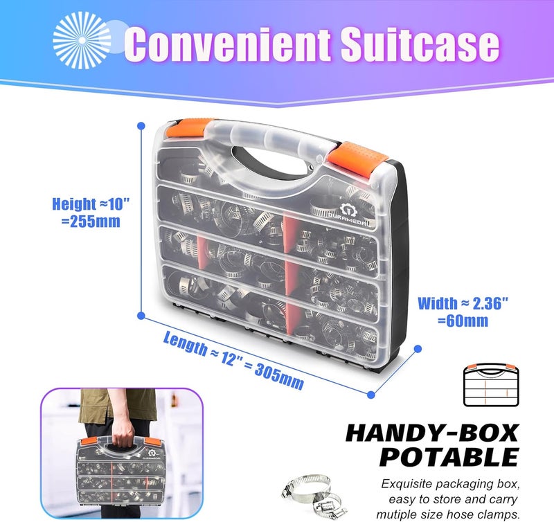 Duramedal Hose Clamp- 200 PCS Stainless Steel Hose Clamps Assortment Kit 1/4''–1-2'' stainless steel hose clamps for Fuel Line, Plumbing, Automotive, Mechanical Applications, Tube, Garden - Image 3